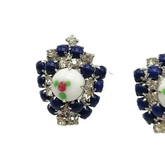 Blue Clear Rhinestone Pink Flower Guilloche Style Large Silver Tone Earrings - Picture 2 of 4